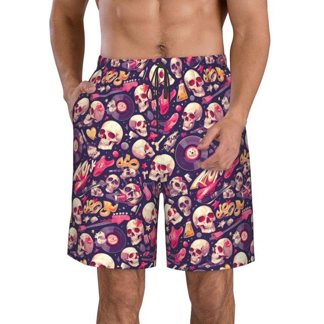 Balery music Skull record Guitar Traje de Baño Estilo Hawaiano para Hombre, Shorts de Secado Rápido con Bolsillos-Small