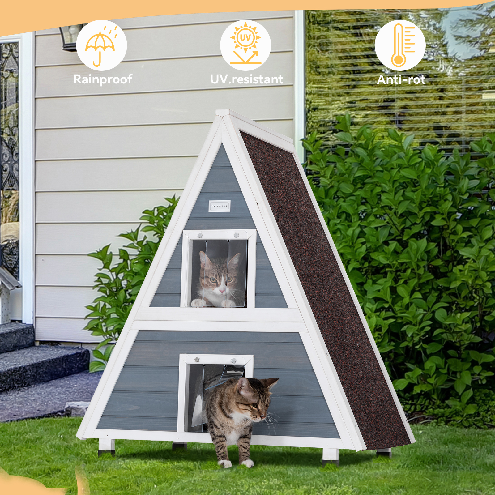 PETSFIT Weatherproof Outdoor Cat House  ，Two Level Outside Feral Cat House with Escape Door for Small Animal，31" Lx20 W x36 H，Grey
