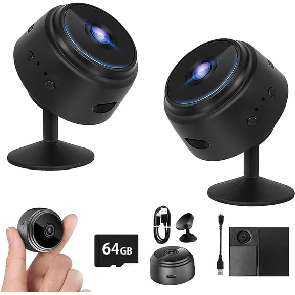 Camera, Security Camera, 1080p HD Magnetic Mini Wireless WiFi Cameras, with Wide-Angle Lens & Smart Alarm for Home, Door, Garage (2pcs with 64GB)