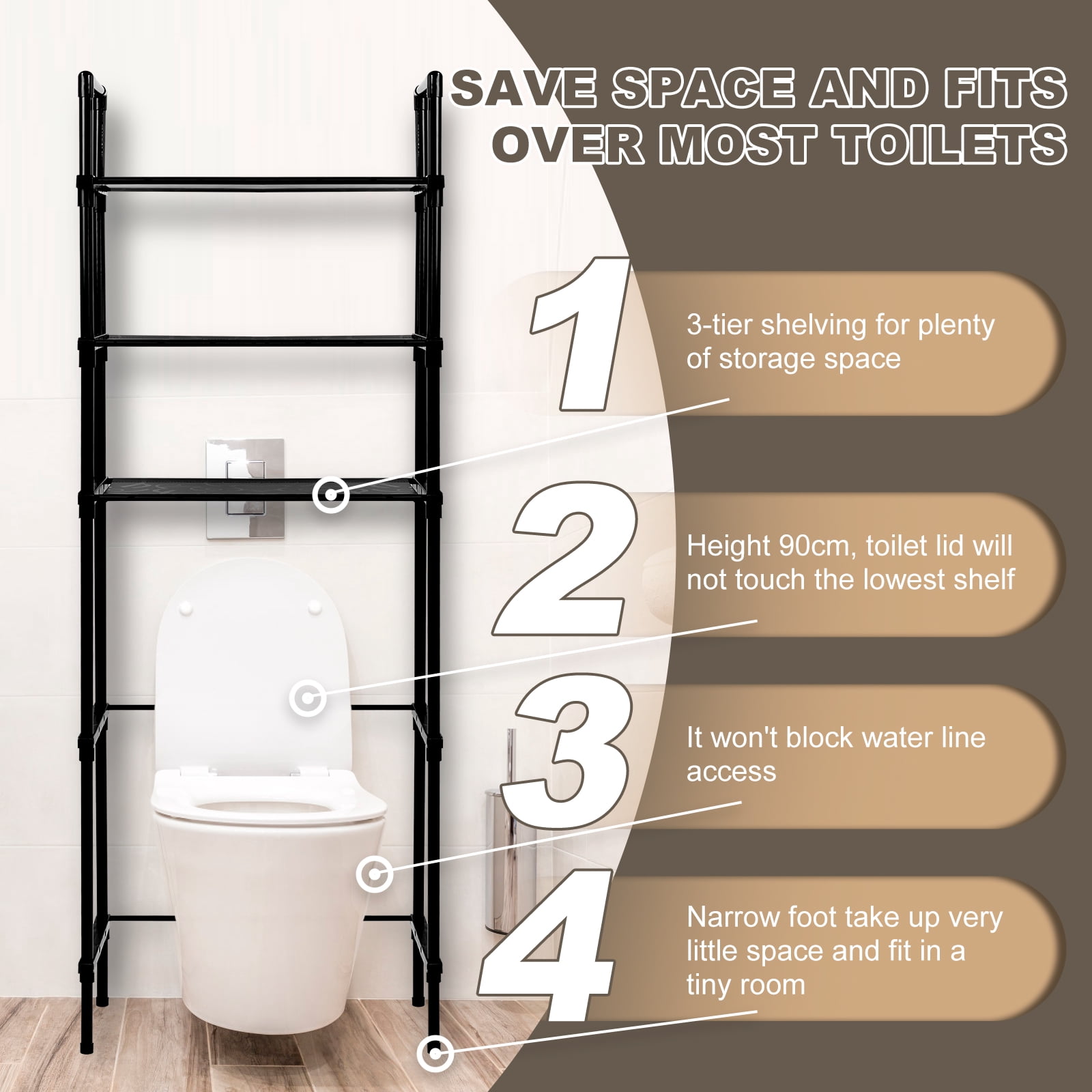 Dznils Over the Toilet Storage Shelf, 3-Tier Steel Bathroom Storage Organizer Space Saver, Black