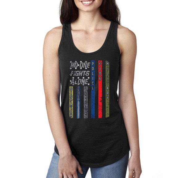 Wild Bobby, No One Fights Alone First Responder Dispatcher EMS Corrections Police Fire Military Unity, Pop Culture, Women Racerback Tank Top, Black, Small