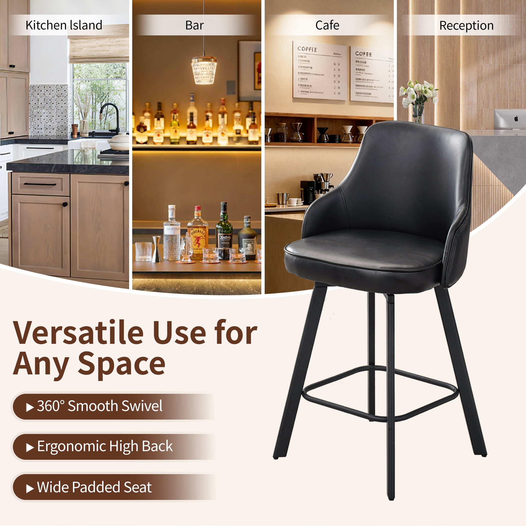 FIRAVOE Bar Stools Set of 2, 30" Swivel Bar Height Bar Stools with High Back, Faux Leather Bar Chairs Black Barstools for Kitchen Island
