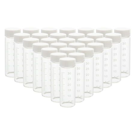 28pcs 30ml Clear Small Glass Vials with Scale White Screwcap Liquid Sampling Sample Glass Bottles for Chemistry Lab, Chemicals Essential Oil, Perfume, Reagents