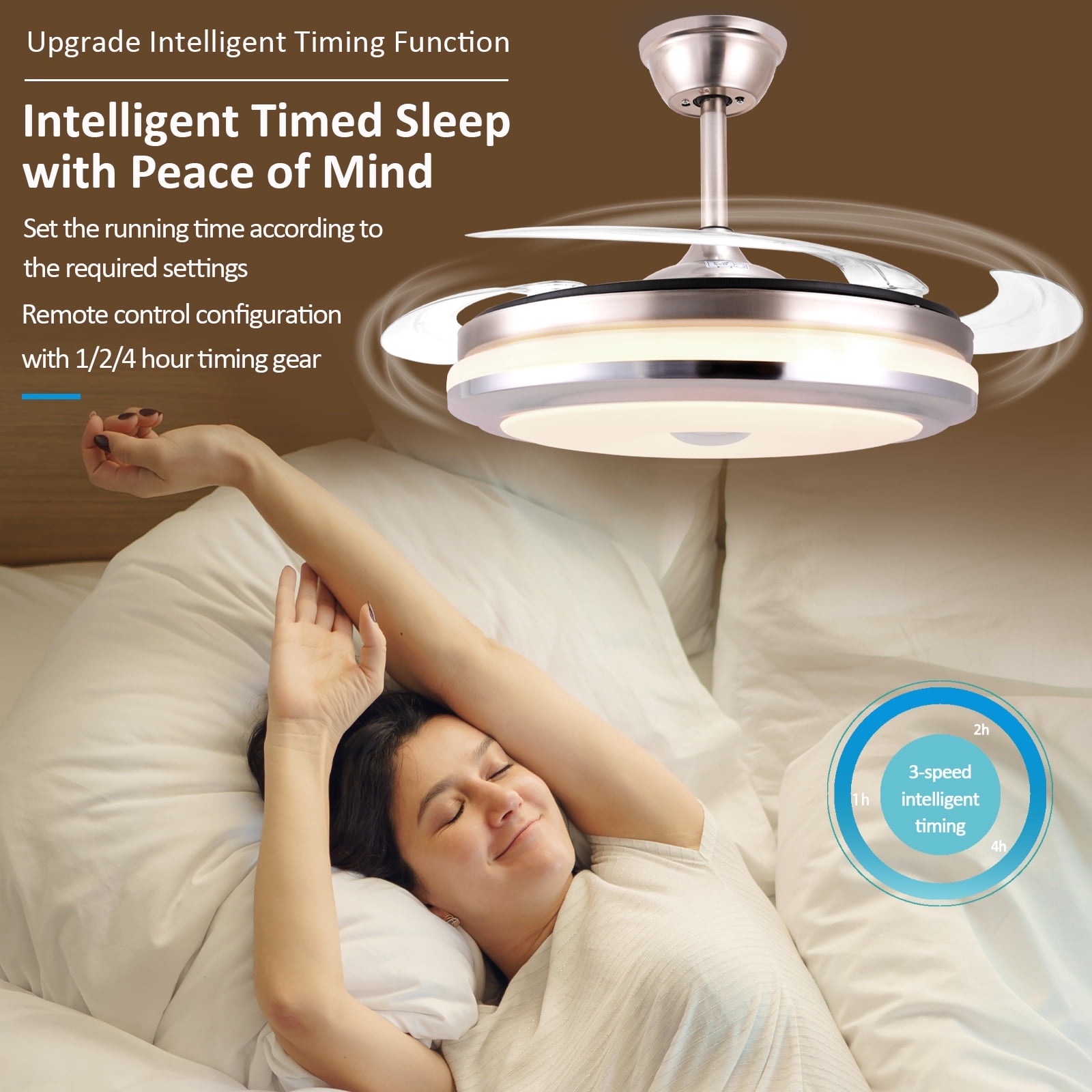 Jacgood 42-Inch Smart Retractable Ceiling Fan with Light, Remote Control, 3-Color Dimmable LED, 6-Speed Quiet Reversible DC Motor for Bedroom, Living Room, Kitchen,silver