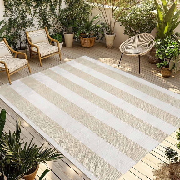 Beige Stripe Outdoor Rug 6x9 Ft - Reversible Patio Rug Outdoor Camping Rugs, Vintage Country Geometric Linen Texture Washable Indoor Outdoor Area Rugs, Non-Slip Outdoor Carpet Runner for Deck/Porch