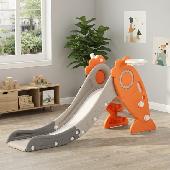 Resenkos 4-in-1 Foldable Indoor Kids Slide for Ages 3 with Basketball Hoop, Tossing Rings, Non-Slip Steps & Carrot Design – Orange/White/Gray