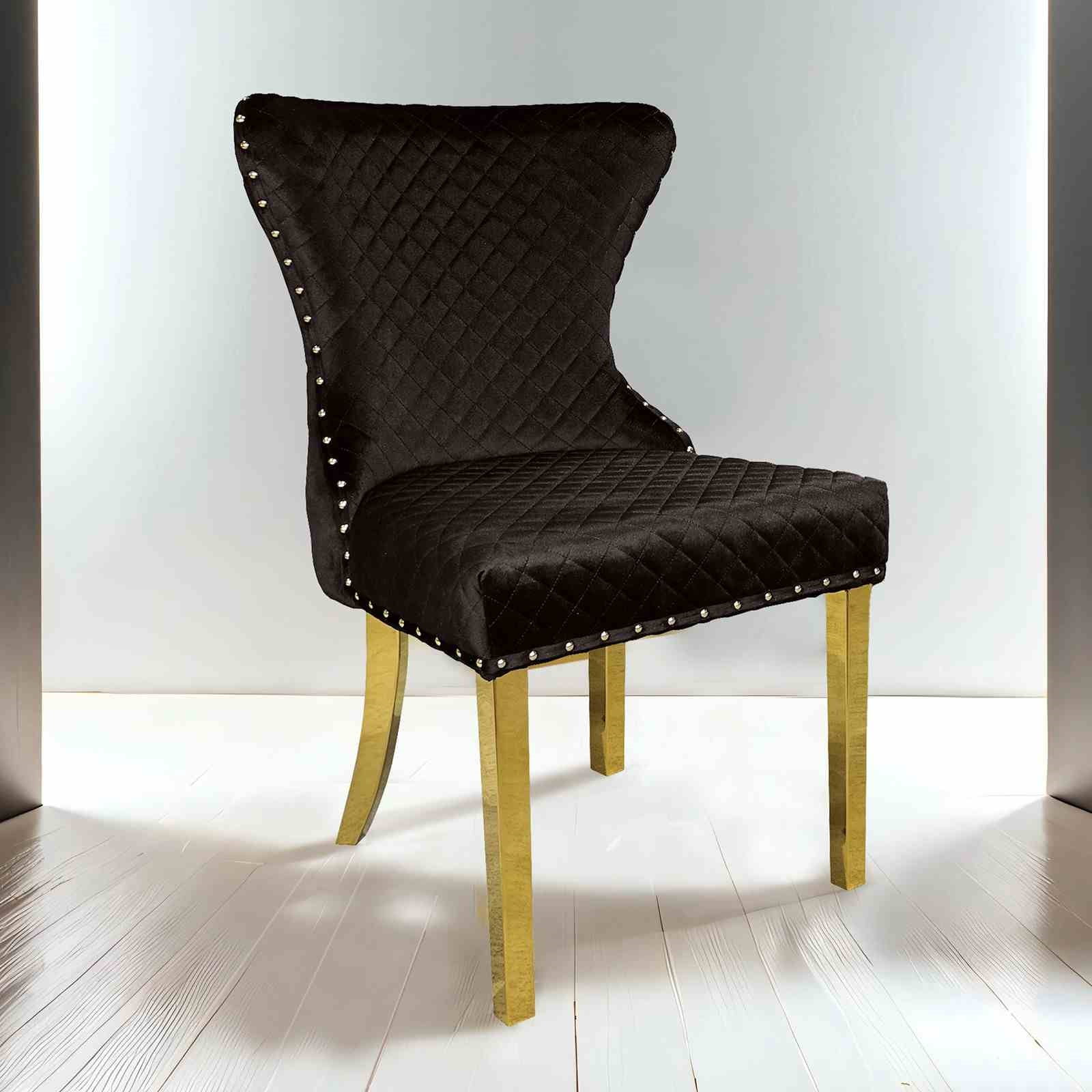 Dining Chair, Set of 2 Glam Black Fabric Upholstered Side Chairs with Diamond Pattern, Nailhead Trim, Stainless Steel Gold Square Legs, 20"W x 20"D x 36"H for Dining Room and Office