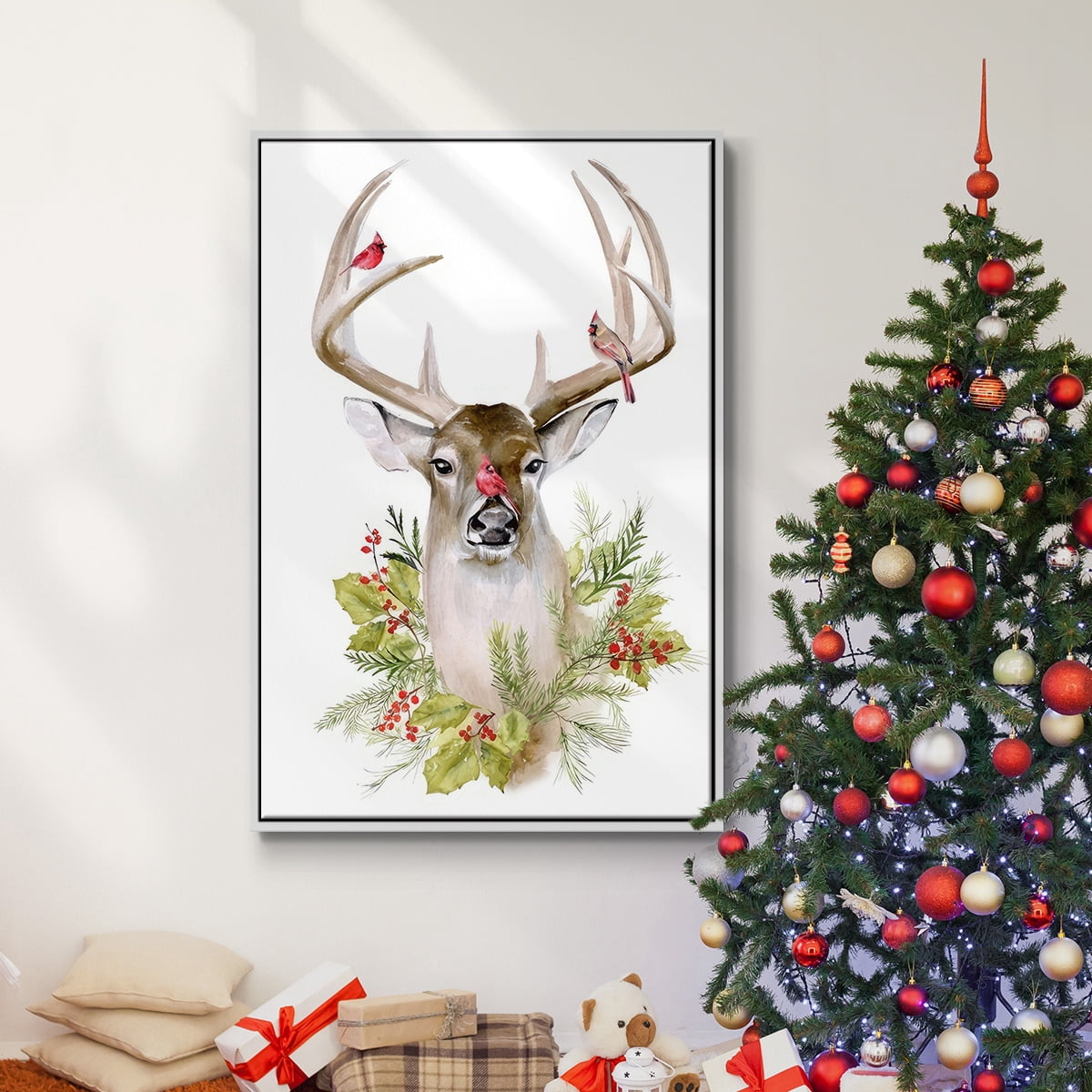 Holiday Deer Collection B - Framed Gallery Wrapped Holiday Canvas - 27 x 41 - White Frame
