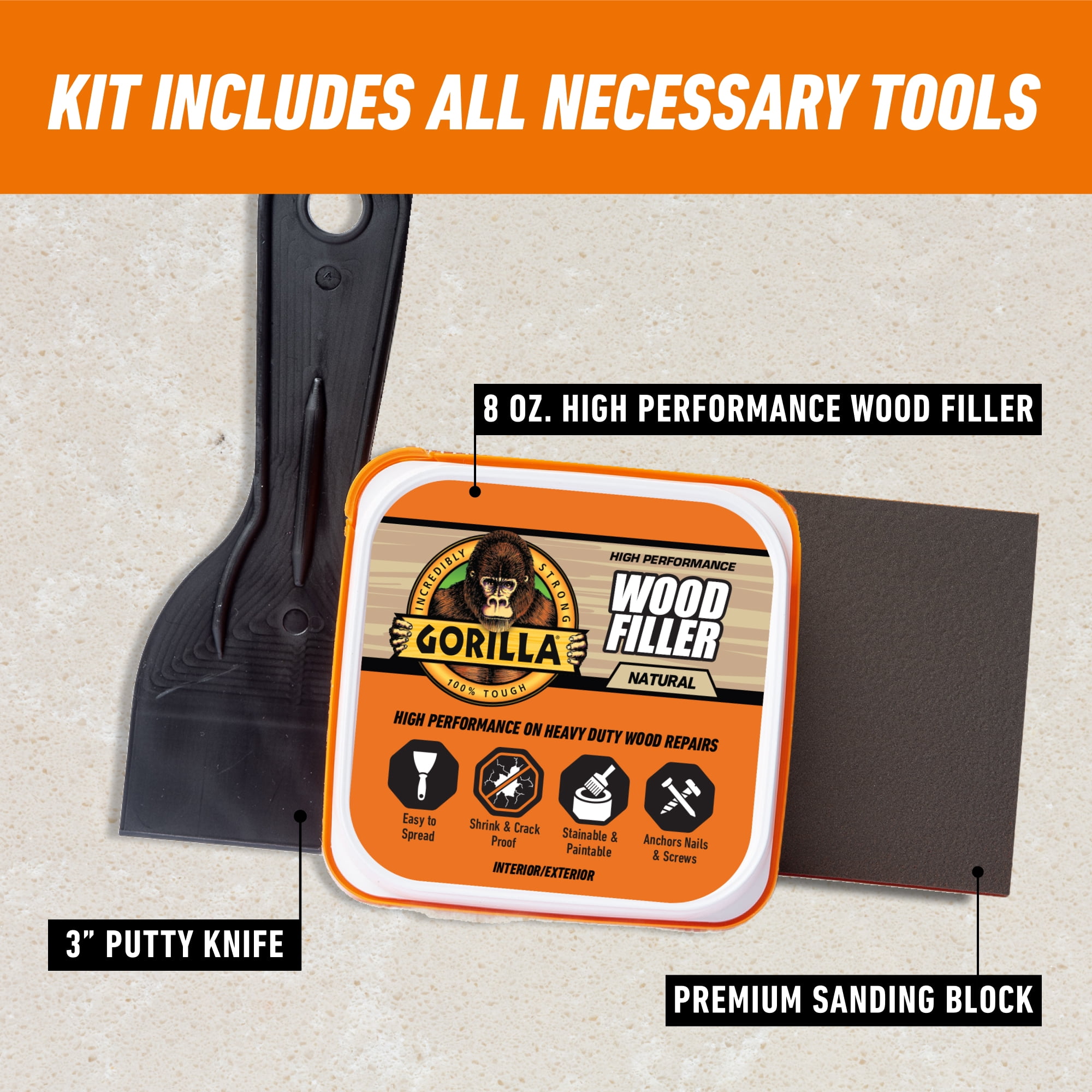 Gorilla Wood Repair Kit with Filler, 3" Putty Knife and Sanding Block, Water Resistant