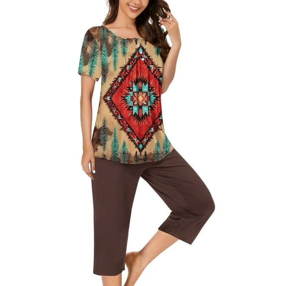 Cavosen Pajamas for Women 2 Piece Set Capris Button Front Pleated Soft Nightwear Short Sleeve Crewneck Pullover Tops Sleepwear Vintage Western Print Loungewear with Pocket S