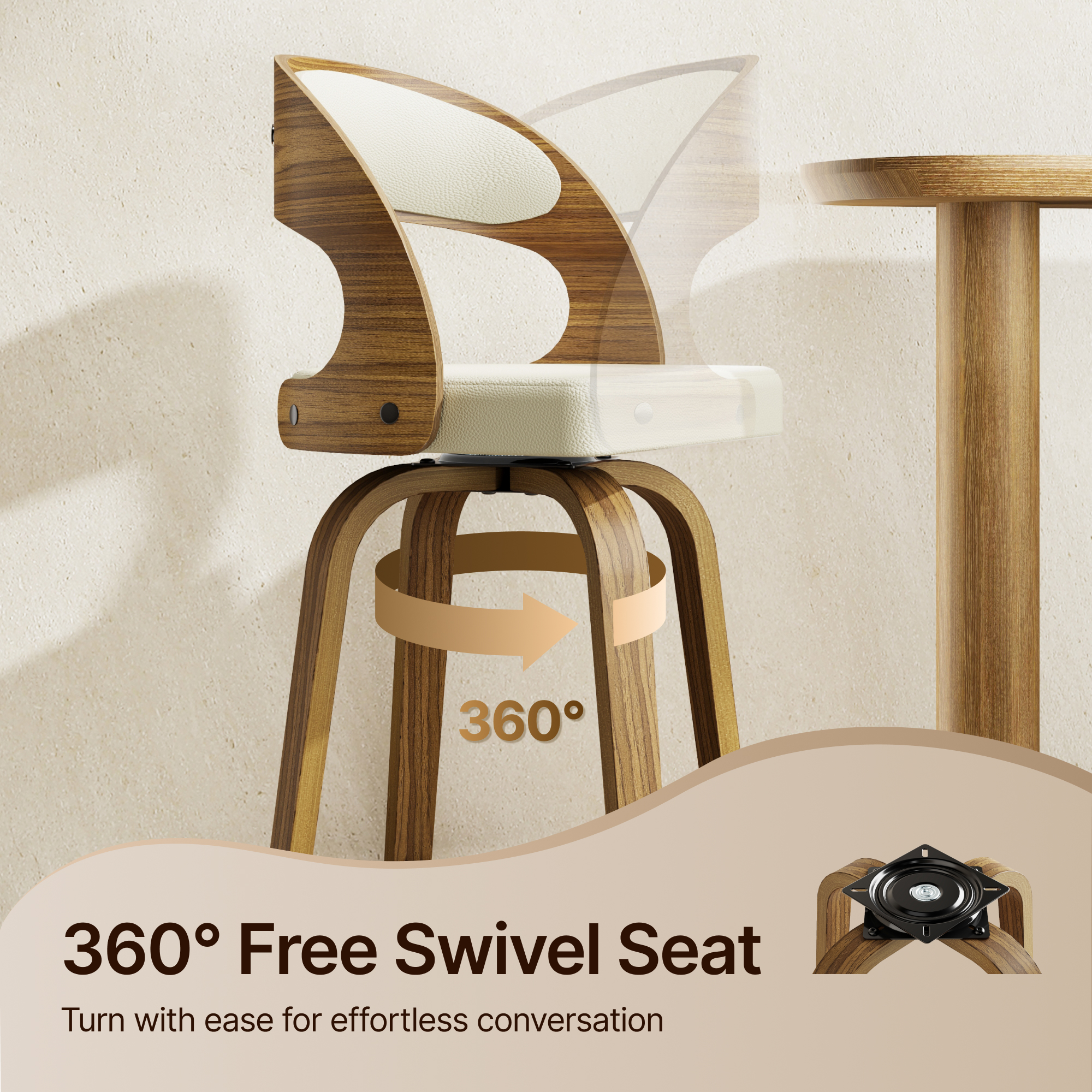 SUNCOZE Bar Stools Set of 2, 26 Inch Counter Height Modern Swivel Bar Chairs with PU Leather Upholstery and Solid Wood Legs, for Kitchen Island or Home Bar, Beige