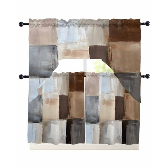 Brown Beige Color Blocks Kitchen Curtains Sets 36 Inch Length with Valance, Abstract Oil Painting Art Swag Valances and Tiers Curtain Set Drapes Swag Curtains for Living Room, Bathroom, Bedroom, Cafe