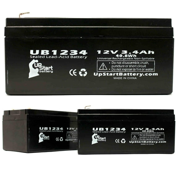 3x Pack - Compatible Batteries Plus BC123P4 Battery - Replacement UB1234 Universal Sealed Lead Acid Battery (12V 3.4Ah, 3400mAh, F1 Terminal, AGM, SLA) - Includes TWO F1 to F2 Terminal Adapters