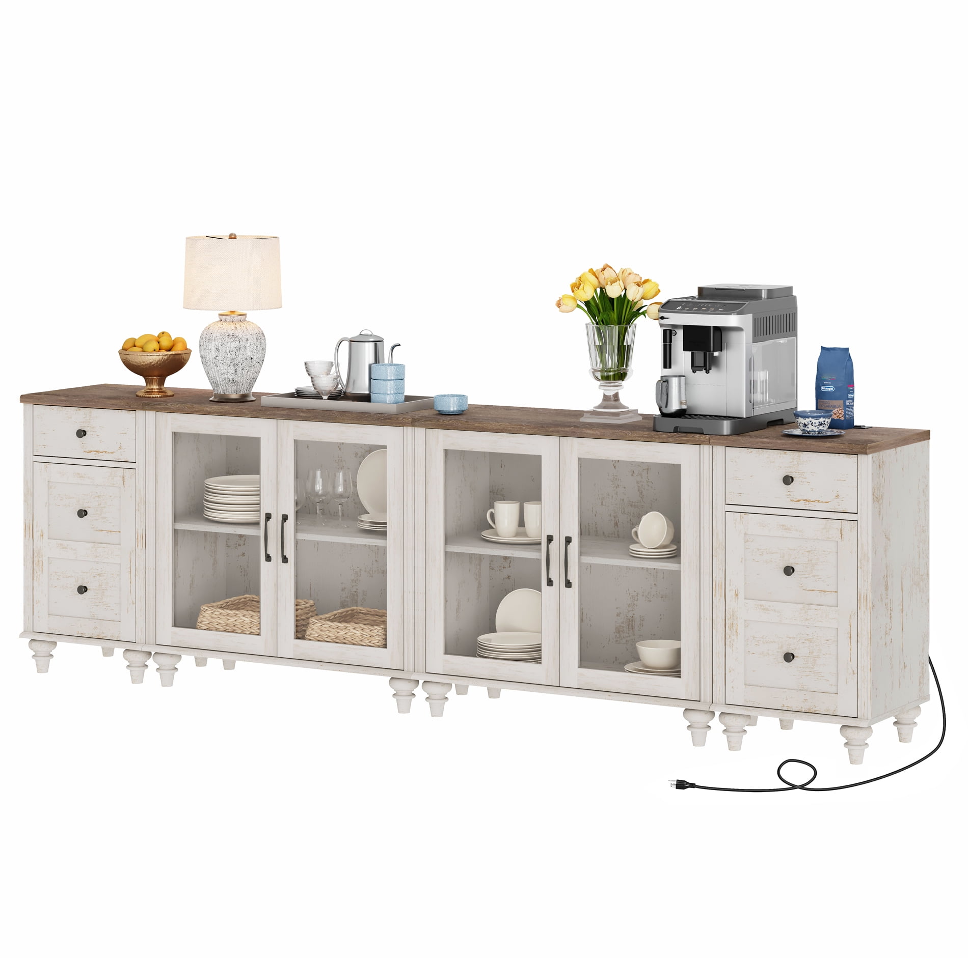 WAMPAT TV Stand for 100-Inch TV, Wood TV Console Table for 85/90/95-Inch TVs, Entertainment Center with Charging Station & Glass Door, Rustic White Kitchen Sideboard Buffet Cabinet for Dining Room