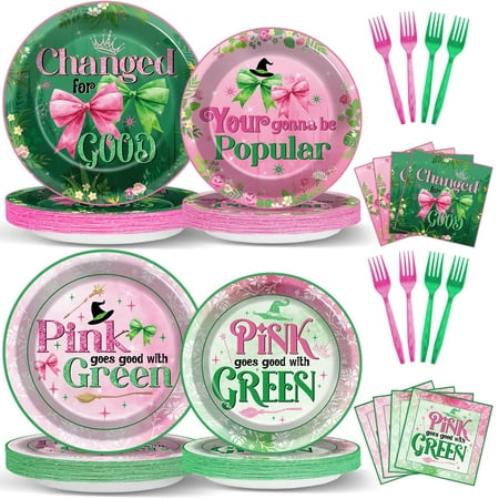 96PCS Witch Themed PriNst Party Supplies Pink and Green and Napkins Enchanted Princess Tableware Dinnerware Pink Goes Good with Green Theme Table Decor for Halloween Magical Birthday Baby Shower