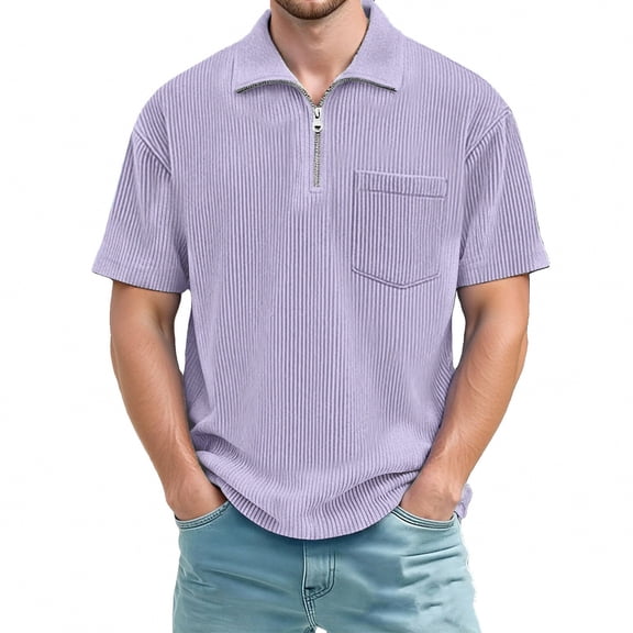 Aihuaihua Mens Shirt Henley Short Sleeve Regular 1/4 Zip up Collared Tee Classic Style Streetwear Clothes Purple L