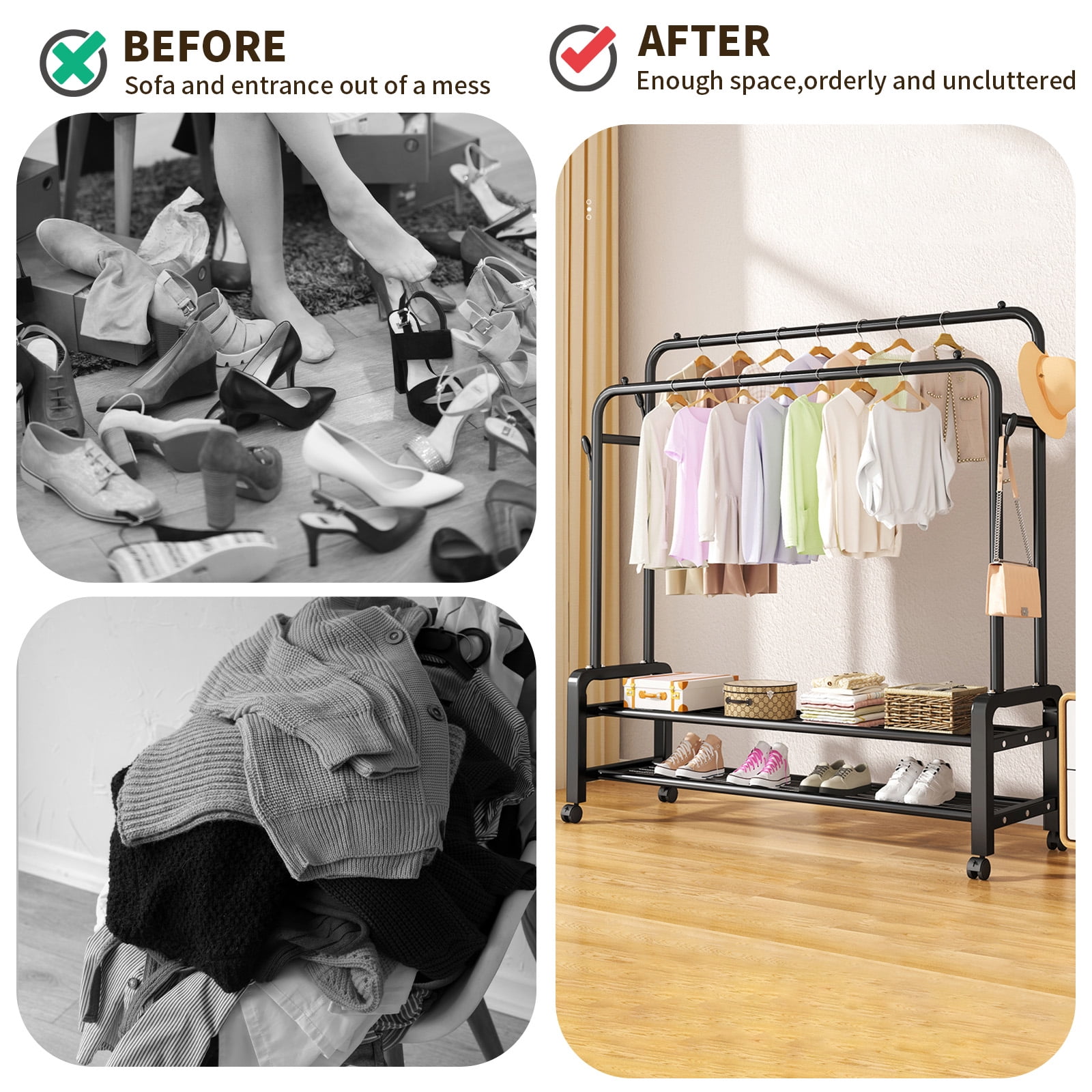 Clothes Rack With Wheels, Portable Clothing Rack With Shelves & Hooks, Heavy Duty Garment Racks for Hanging Clothes, Multi-Functional Closet Rack for Bedroom, Black