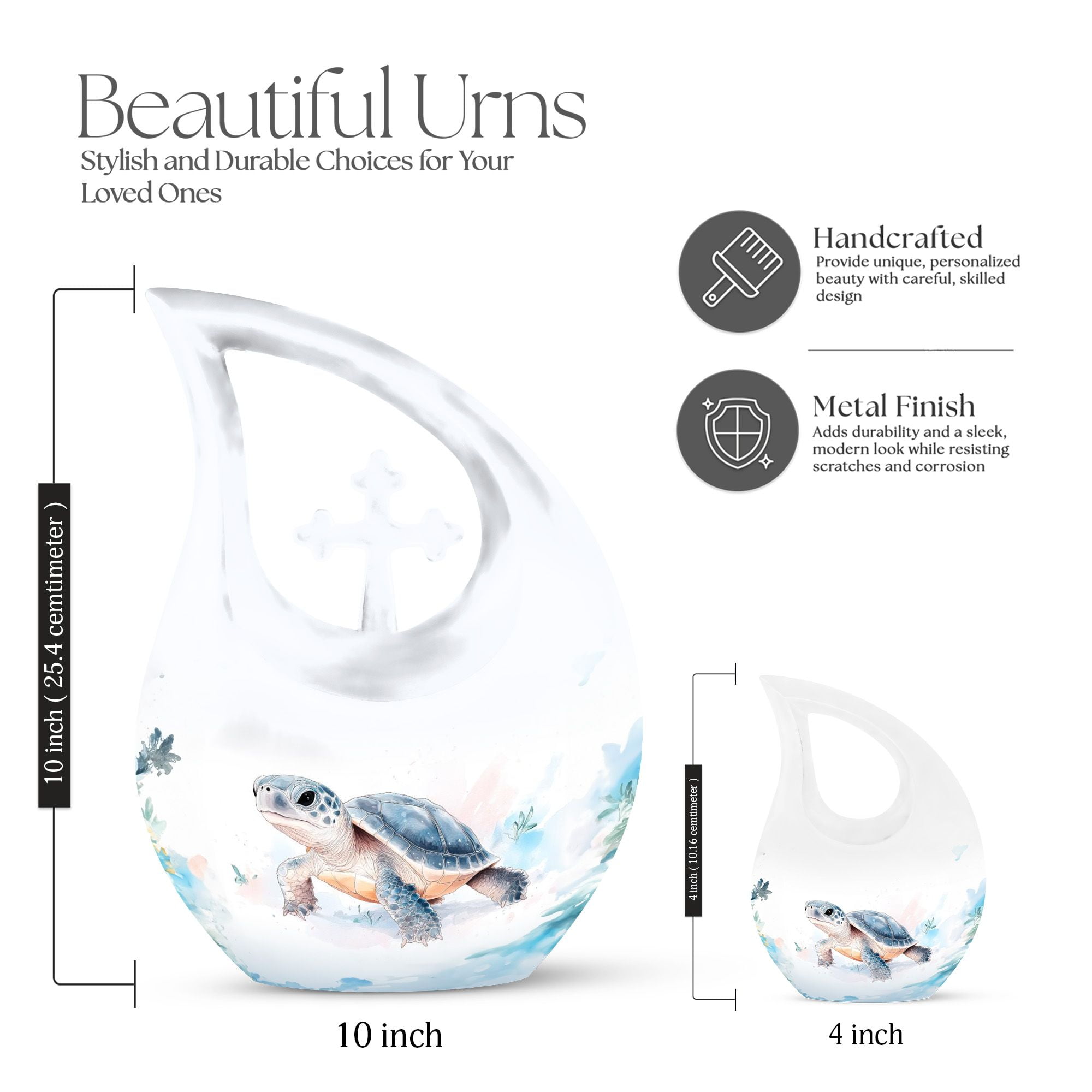 MUKTIVE Tortoise Memorial Large Urns for Human Ashes - Tear Drop Urns for Human Ashes - Large Adult Cremation Urn - White Funeral Decorative for Female & Male - 10 Inch