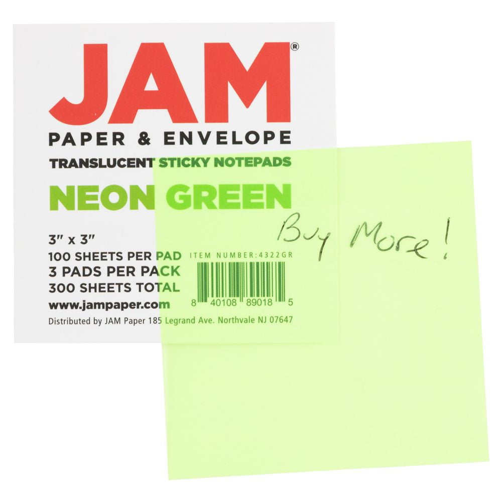 JAM Paper Transparent Sticky Note Pad, Green, 3 x 3, 300 Sheets/Pack