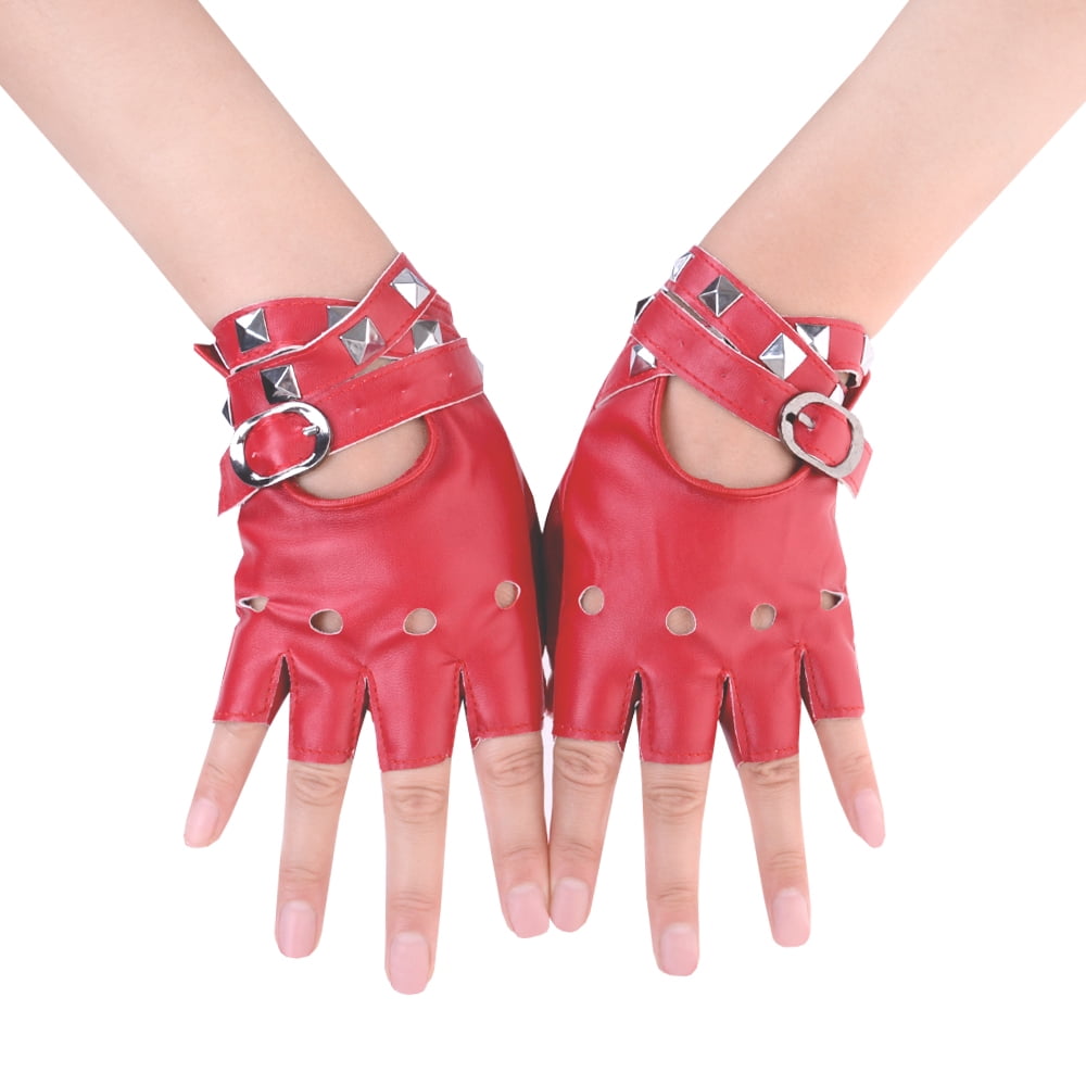 JISEN Women Punk Rivets Belt Up Half Finger PU Leather Performance Gloves 