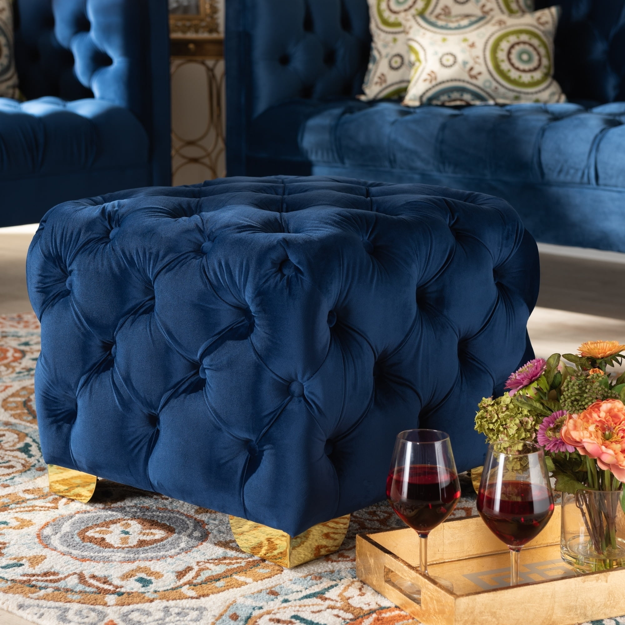 Baxton Studio Avara Glam and Luxe Royal Blue Velvet Fabric Upholstered Gold Finished Button Tufted Ottoman