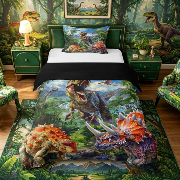 Metsweet Dinosaur T-Rex Twin Duvet Cover, Prehistoric Jungle Twin Bedding,Black Reversible,2pcs,1 Duvet Cover and 1 Pillowcase