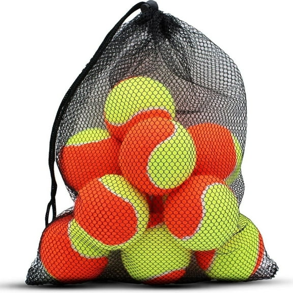 Magicorange 12 Pack 50% Low Compression Tennis Balls with Mesh Bag, Suitable for Beginners, Youth, Kids Training Practicing or Pet Dogs Playing (2.56 inch, Yellow - Orange)