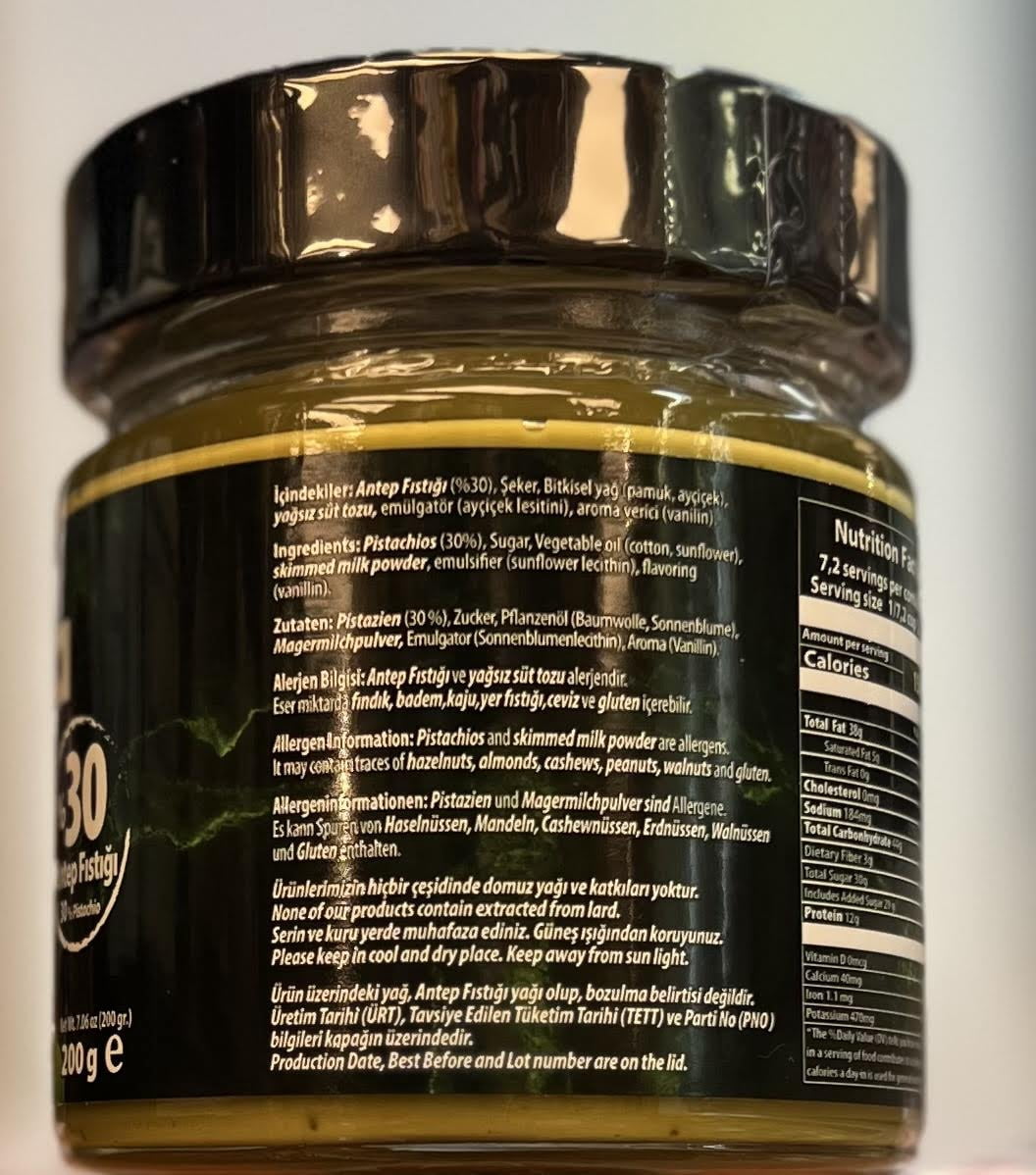 Antebella Pistachio Nut Butter, 30% Pistachio, Spread for Bread, Kunafah, Dubai Chocolate Bars, No Palm Oil, 200gr/7.06oz
