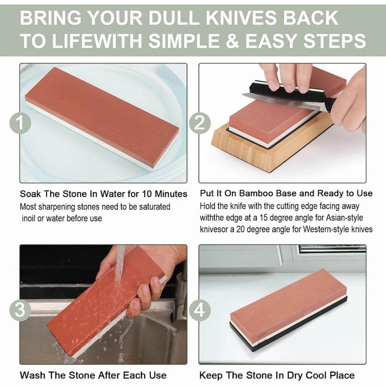 Complete Knife Sharpening Stone Set – Dual Grit Whetstone 400/1000 3000/8000 Knife Sharpener with Leather Strop, Flattening Stone, Bamboo Base & Angle Guide