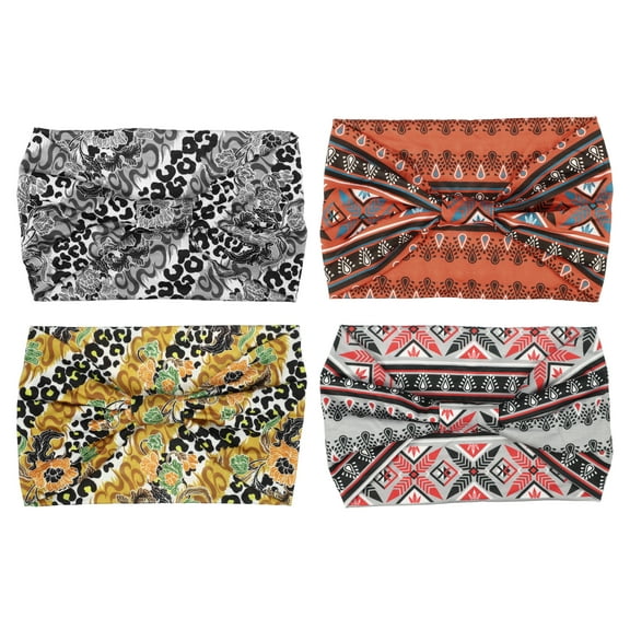 4pcs Fashion Bohemia Printed Knotted Headwrap for Women Gray Yellow Orange Red