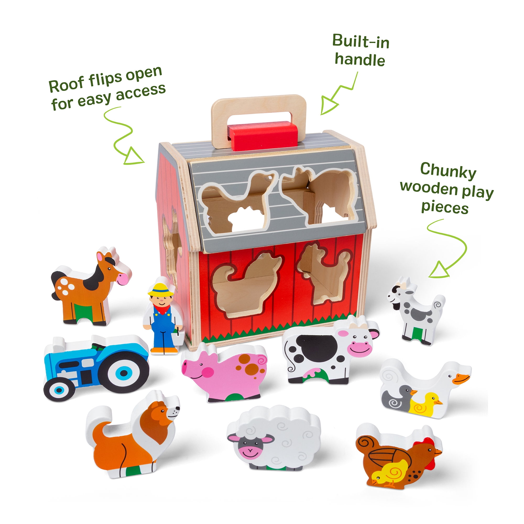Melissa & Doug Wooden Take-Along Sorting Barn Toy with Flip-Up Roof and Handle 10 Wooden Farm Play Pieces
