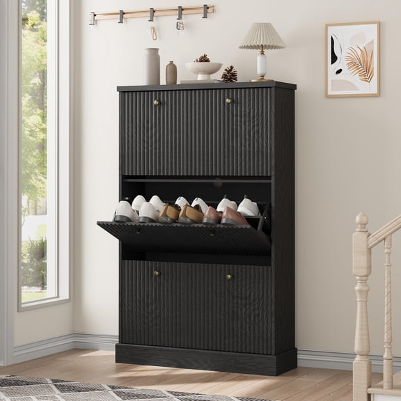 Garvee Fluted Shoe Cabinet Storage with 3 Flip Drawers, Wooden Fluted Narrow Shoe Organizer with Adjustable and Removable Shelves, Freestanding Slim Shoe Storage for Entryway Hallway, Black