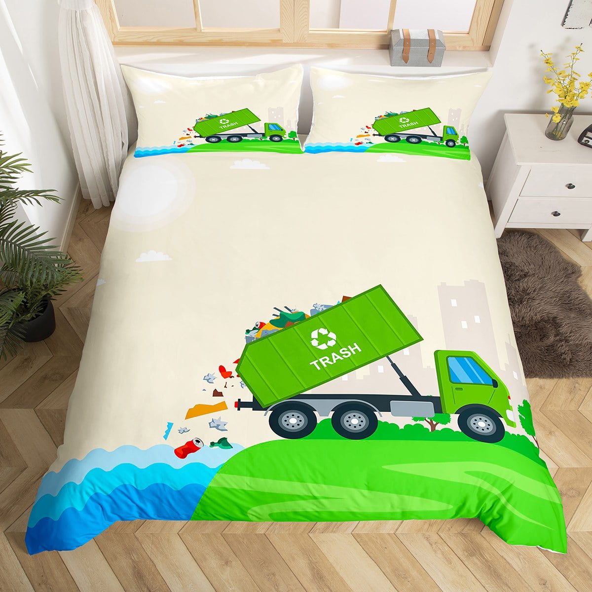 Garbage Truck Comforter Cover Queen Size for Kids Boys,Green Truck