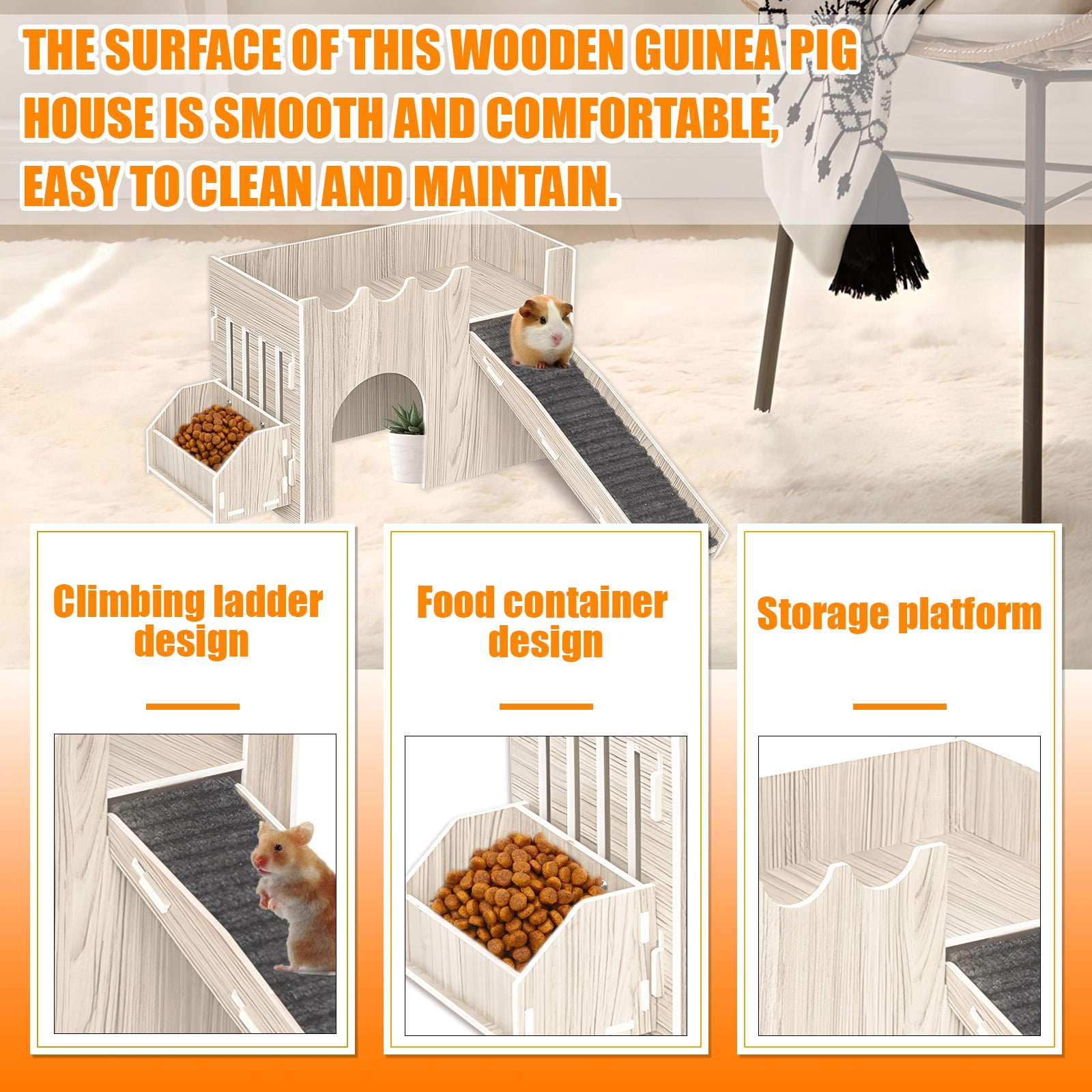 Large Guinea Pig Hideout House, Wooden Guinea Pig Castle with Feeding Basin, Guinea Pig Habitat, Guinea Pig Toys Accessories for Chinchilla Hamster Hedgehog Rabbit Bunny