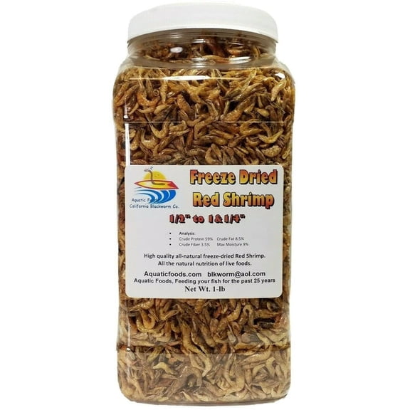 1-lb 5oz Freeze Dried Red Shrimp 1/2" to 1&1/4" for All Tropical Fish, Marine Fish, Large Cichlids, Koi, Land & Aquatic Turtles, even Cats. Aquatic Foods Freeze Dried Tropical Fish Foods. 1-lb 5oz-Jar