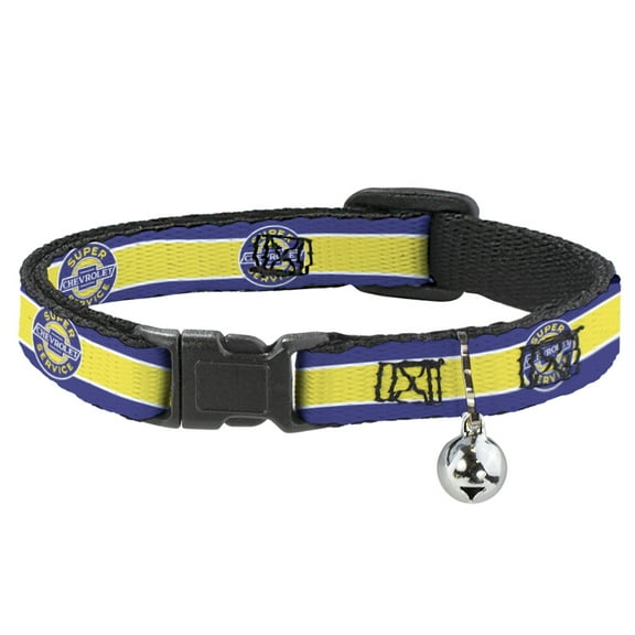 Chevy Breakaway Cat Collar With Bell, Plastic Clip, Easy Adjustable, Chevrolet Super Service Logo Stripe Blue White Yellow, 8.5 to 12 Inches 0.5 Inch Wide