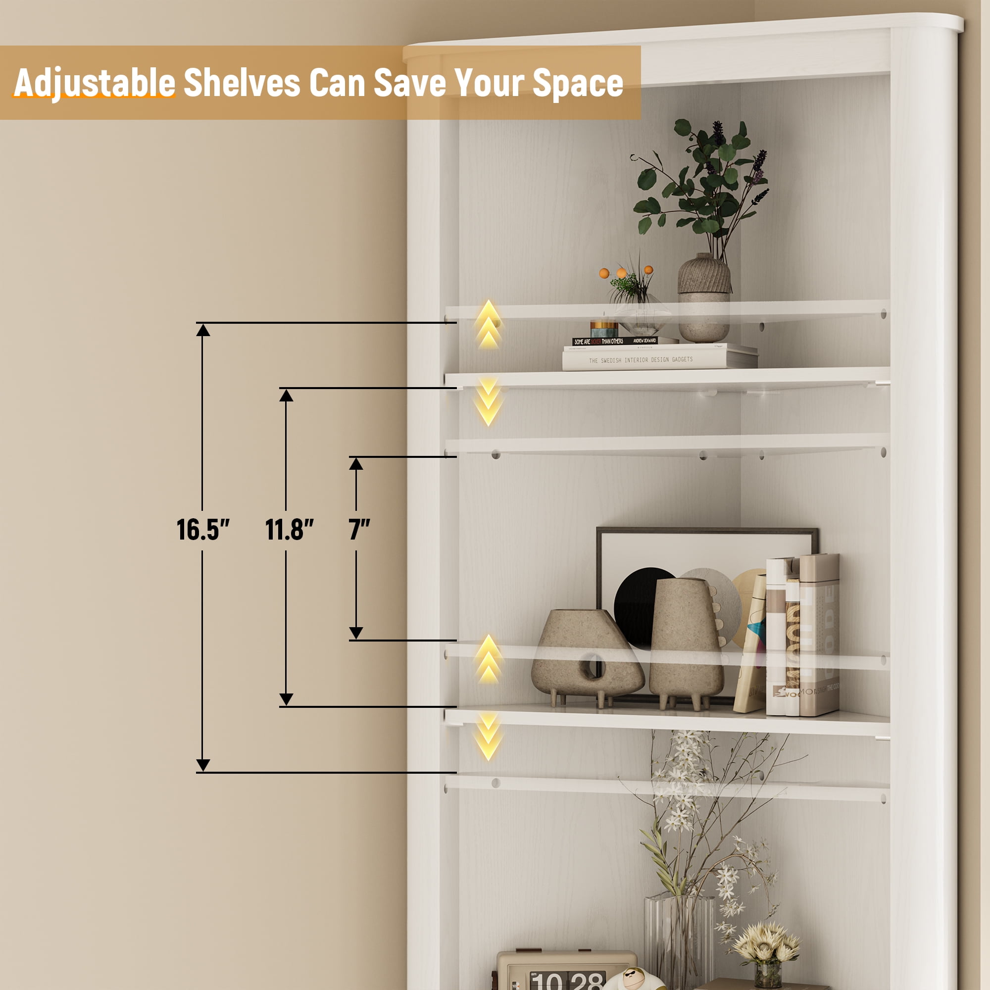 68" Tall Fluted Corner Cabinet for Bathroom, Modern Living Room & Kitchen - 5 Adjustable Shelves, Space-Saving Storage, Curved Profile Design White
