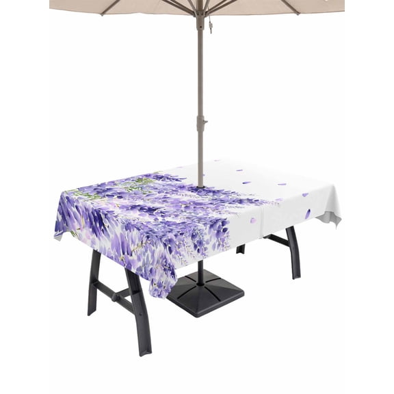 Outdoor Tablecloth with Umbrella Hole for Patio/Picnic/Party/Camping, Purple Weeping Leaves Waterproof Table Cloth Rectangle Table Cover Washable, Farmhouse Pastoral Botanical (54"x 80")