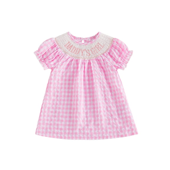 BemeyourBBs Toddler Baby Girls Summer Smocked Dress Cute Infant Baby Girls Fathers Day Outfit Daddy's Girl Letter Embroidery Short Sleeve Pink Plaid Gingham Dress Casual Clothes
