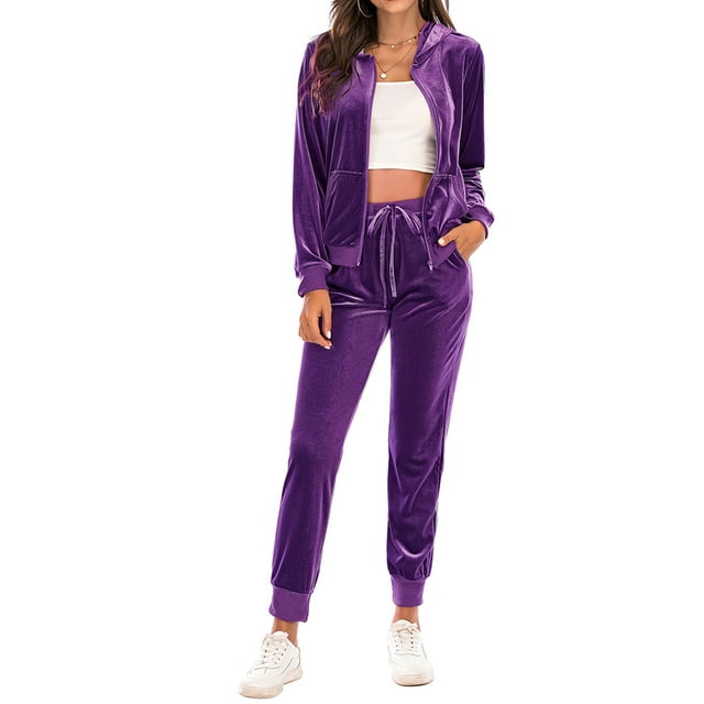 Honganda Women 2 Pcs Tracksuits Solid Color Zipper Hoodie Sweatshirt and Sweatpants for Activewear Outfits Set