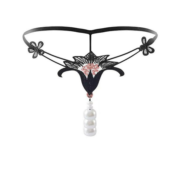 Sunvit-Panties Juniors Black Lace Thong with Faux Pearls - Nylon Spandex Stretchy Comfortable Intimate Wear, Size M