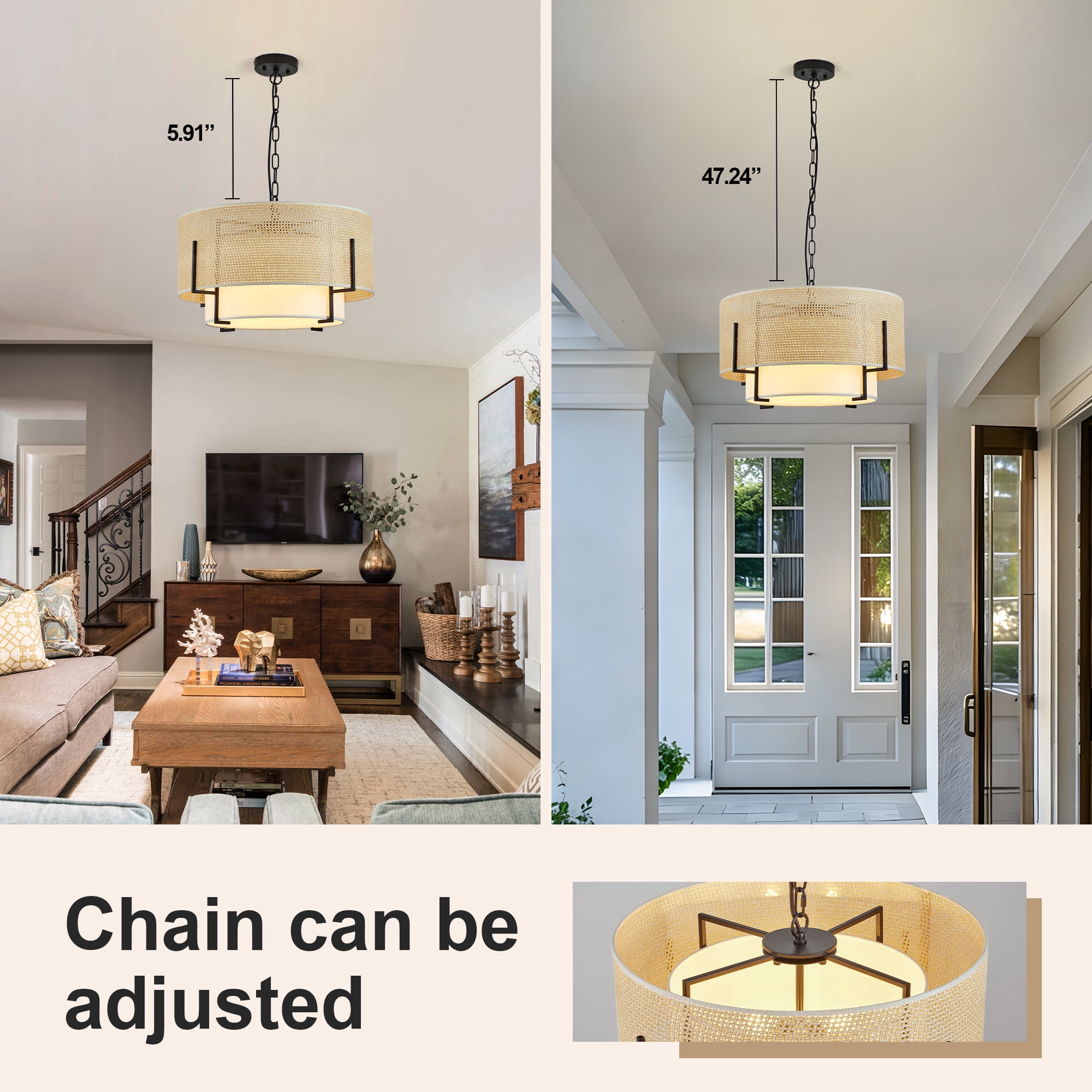 Leumius 4-Light Farmhouse Boho Chandelier, 19.7'' Hand Woven Rattan Pendant Light with Fabric Shade Rustic Drum Chandelier for Dining Room Kitchen Bedroom Foyer Entryway Living Room