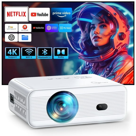 [Built-in APPs] ARTSEA Smart Projector with WiFi and Bluetooth,Tripod Including,2025 Upgrade Android TV OS,4K Support Native 1080P,Keystone Correction,Compatible with Smartphone/Laptop/TV Stick,White