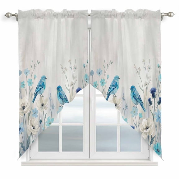 Blue Flowers Swag Valances for Windows, Kitchen Curtains 36 Inch Length 2 Panels Set, Spring Birds Rustic Floral Pastoral Plants Short Curtains for Small Windows Rod Pocket Cafe Curtains 28"x36"