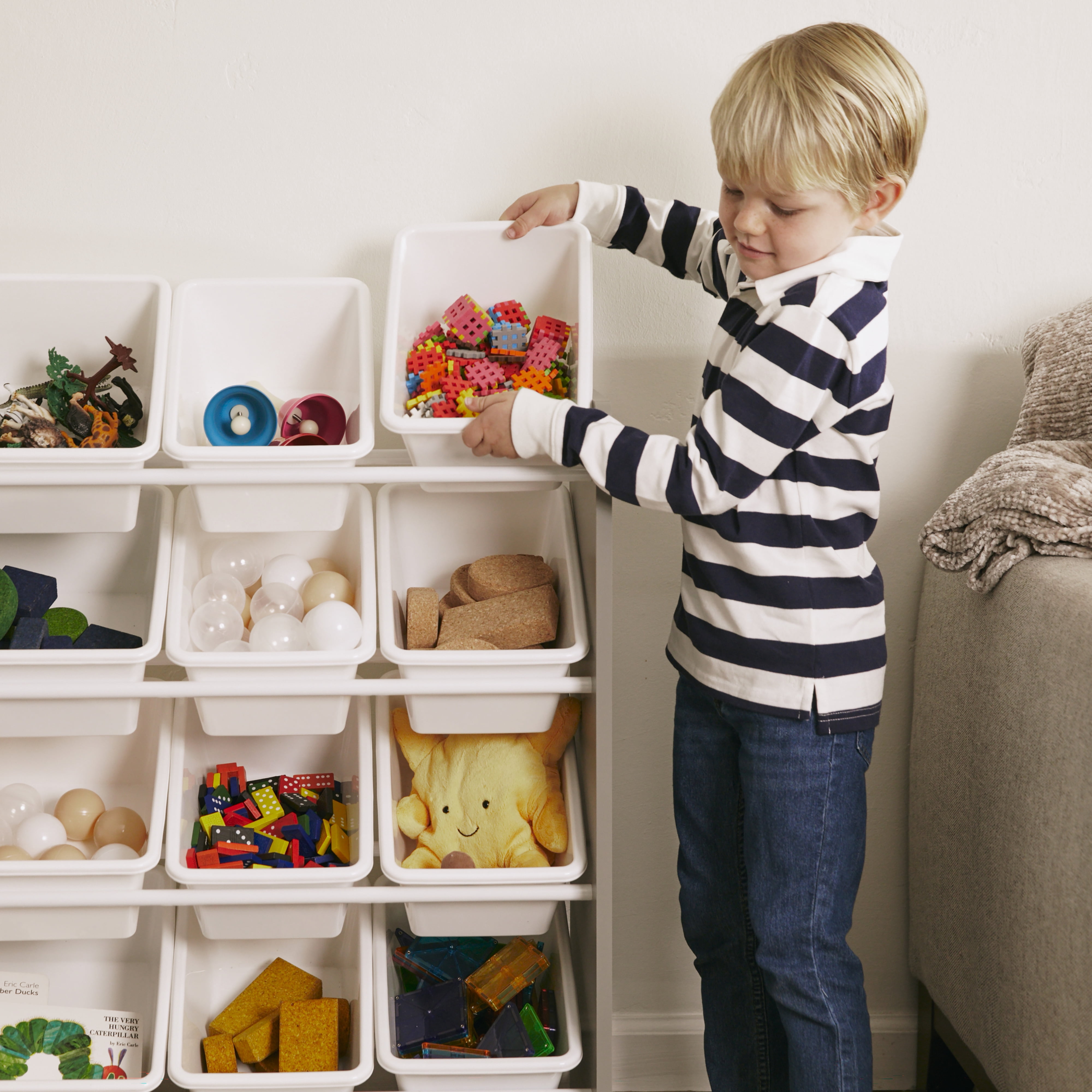 ECR4Kids 4-Tier Organizer with 12 Removable Plastic Bins, 4x3, Toy Storage, Grey/White