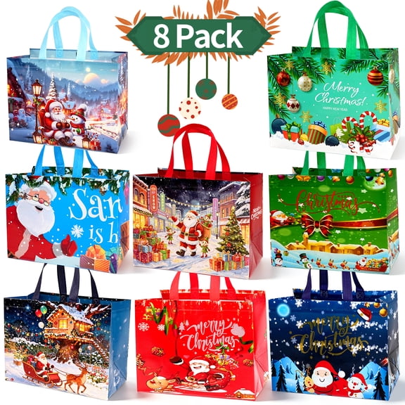 Christmas Gift Bags, Qissep 8 Pcs Reusable Christmas Gift Bags with Handles, 8 Styles Christmas for Wrapping Xmas Holiday Presents and Party Favors, 12.79 x 6.69 x 9.84 inch