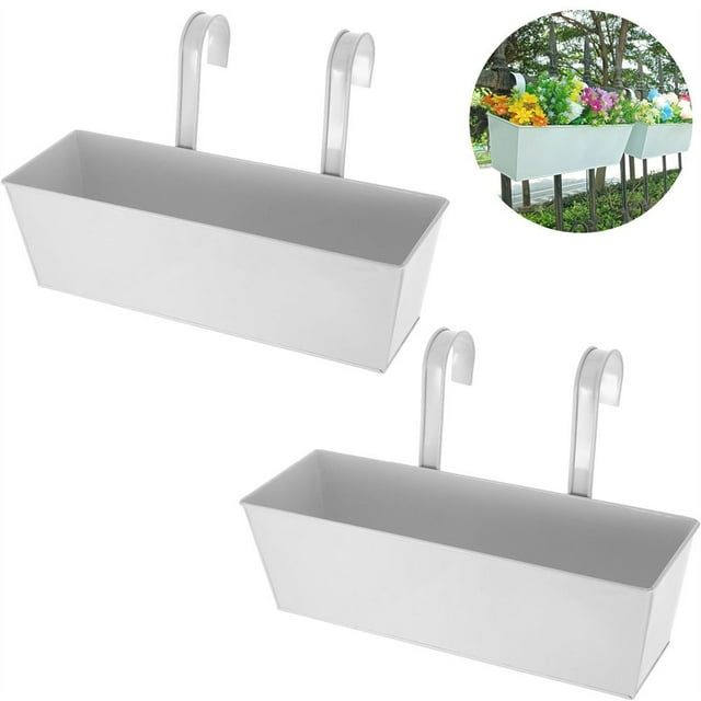 HLONK 4 Pack Rectangular Fence Planter Box Large Metal Hanging Flower Pots Outdoor Railing Buckets with Detachable Hooks Countryside Style Window Boxes for Balcony Garden - White - By