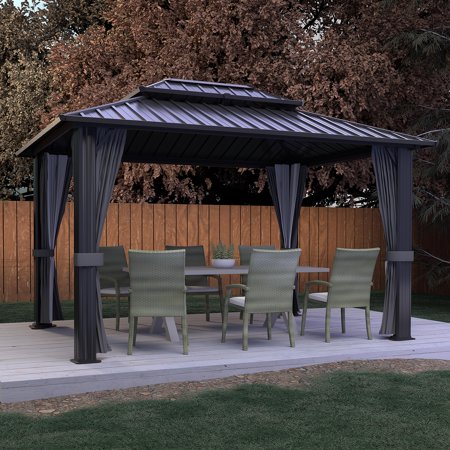 VEIKOUS 12 x 10  Outdoor Hardtop Gazebo  Metal Double Roof Canopy Gazebo  Aluminum Frame with Curtains for Patios  Gardens  Parties