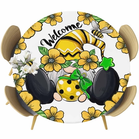 Flower Gnomes Round Tablecloth Fitted Table Cover with Elastic for 55 -60 Round Tables Country Pastoral Botanical Floral Star Bee Table Cloth Outdoor Indoor Dinning Party Waterproof Tablecloths