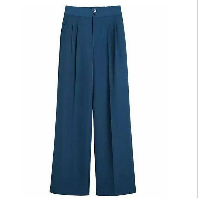 Reduce Price RYRJJ Women's Casual Wide Leg Pants High Waisted Button Down  Straight Trousers Business Work Long Dress Pants(Dark Blue,M) 